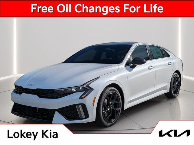 2026 Kia K5 GT-Line in Snow White Pearl — front three-quarter view
